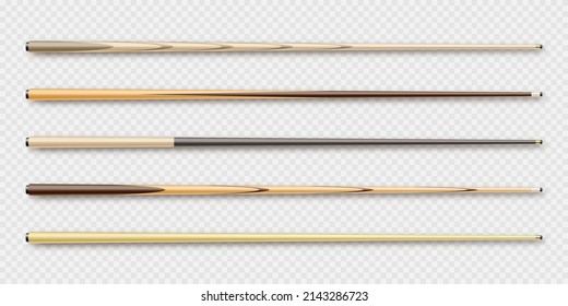 Various wooden billiard cues. Snooker sports equipment. Vintage pool cue. Active recreation and entertainment. Vector illustration