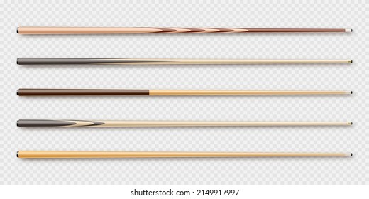 Various wooden billiard cues. Snooker sports equipment. Vintage pool cue. Active recreation and entertainment. Vector illustration