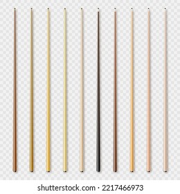 Various wooden billiard cues. Snooker sports equipment. Vintage pool cue. Active recreation and entertainment. Vector illustration