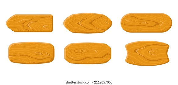 Varias placas de madera colocadas sobre un fondo blanco aislado. Comprimidos de madera. Cartel rústico. Ilustración de dibujos animados.