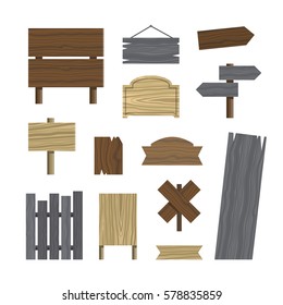 Various wooden plaques and signs. Set of different wood texture signs. Vector illustration.