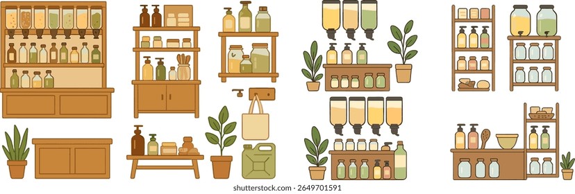 Various wooden shelves display an assortment of jars and dispensers filled with herbs, spices, and natural remedies. Green plants add a refreshing touch to the warm atmosphere of the shop.