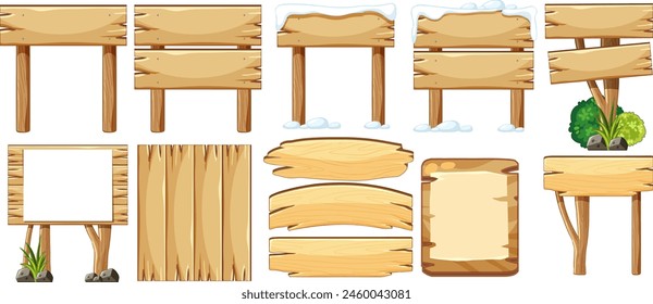 Various wooden signs and planks with foliage