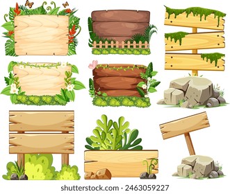 Various wooden signs surrounded by lush greenery