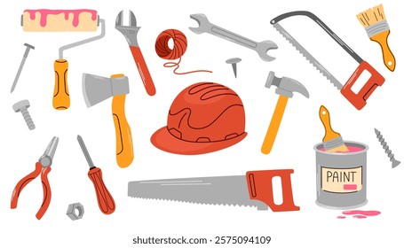 Various working Tools. Different instrument equipment, saw, ruler, screwdriver, hammer, plastering trowel, paint brush. Construction, Building, repair concept. Vector illustration