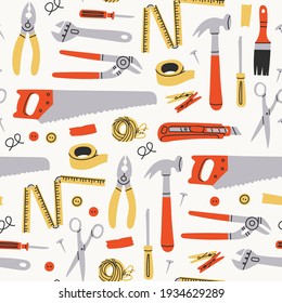 Various working Tools. Different instruments. Construction, Building, repair concept. Screwdriver, saw, brush, hammer, knife, scissors, wrench, etc. Hand drawn Vector seamless Pattern, background