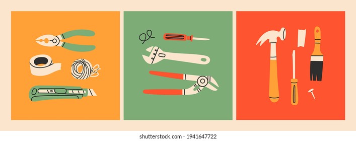 Various working Tools. Different instruments. Construction, Building, repair concept. Set of three cards or posters. Hand drawn Vector illustration. All elements are isolated