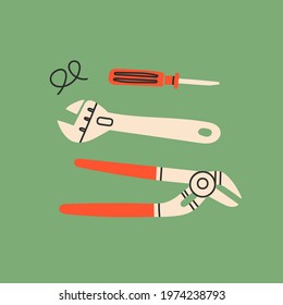 Various working Tools. Different instruments. Handmade, handcraft, construction, building, repair, DIY concept. Card, logo or poster template. Hand drawn Vector illustration. All elements are isolated