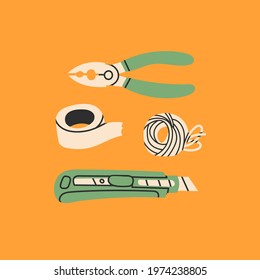 Various working Tools. Different instruments. Handmade, handcraft, construction, building, repair, DIY concept. Card, logo or poster template. Hand drawn Vector illustration. All elements are isolated