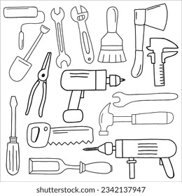 Various working Tools. Different instruments. Construction, Building, repair concept. Screwdriver, saw, brush, hammer, knife, scissors, wrench, etc.
