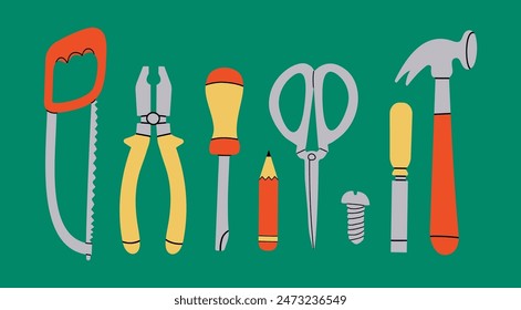 Various working Tools. Different instruments. Construction, Building, repair concept. Screwdriver, saw, hammer, knife, scissors, wrench, etc. Hand drawn Vector set. 