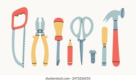 Various working Tools. Different instruments. Construction, Building, repair concept. Screwdriver, saw, hammer, knife, scissors, wrench, etc. Hand drawn Vector set. 