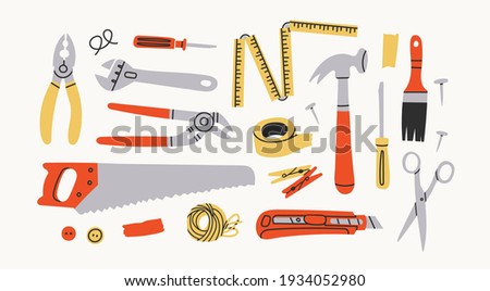 Various working Tools. Different instruments. Construction, Building, repair concept. Screwdriver, saw, brush, hammer, knife, scissors, wrench, etc. Hand drawn Vector set. All elements are isolated