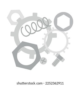 Diversas herramientas de trabajo y partes. Diferentes instrumentos. Construcción, construcción, concepto de reparación. Juego de vectores con tornillo, rueda, engranaje, llave aislada sobre fondo blanco.