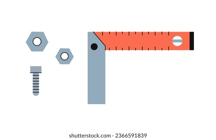 Various working tools set. Ruler, nuts and bolts. Rennovation and repair. Architecture and engineering. Graphic element for website. Cartoon flat vector collection isolated on white background