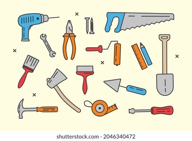 Various working Tools. Simple icons with construction equipment. Stickers with hammer, drill, saw, brush, axe and shovel. Design elements for site. Cartoon flat vector set isolated on beige background