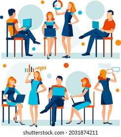 Various of working young colleagues in different poses on wight background, teamwork concept.  Modern set of isolated flat illustrations. 