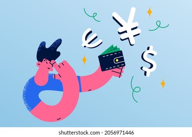 Various world currency and money concept. Young smiling man cartoon character holding black purse with flying different coins from it feeling confident vector illustration