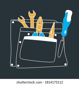 Various wrench, screwdriver, pliers lie in a tool bag on a dark background. Icon style for mobile apps