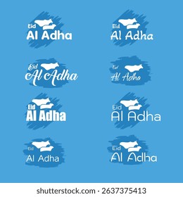various writings of happy Eid al Adha with silhouettes of cows and goats with brush background