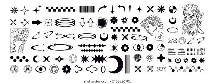 Various y2k memphis elements and retro brutalist shapes. Vintage hippie geometric shapes. Y2K greek statues. Vector elements isolated on white background.