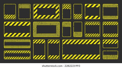 Various yellow grunge warning signs with diagonal lines. Old attention, danger or caution sign, construction site signage. Realistic notice signboard, warning banner, road shield. Vector illustration