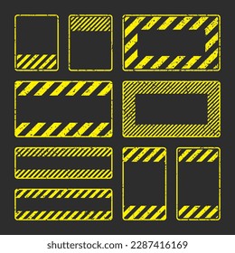 Various yellow grunge warning signs with diagonal lines. Old attention, danger or caution sign, construction site signage. Realistic notice signboard, warning banner, road shield. Vector illustration