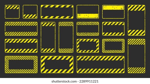 Various yellow grunge warning signs with diagonal lines. Old attention, danger or caution sign, construction site signage. Realistic notice signboard, warning banner, road shield. Vector illustration