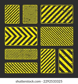 Various yellow grunge warning signs with diagonal lines. Old attention, danger or caution sign, construction site signage. Realistic notice signboard, warning banner, road shield. Vector illustration