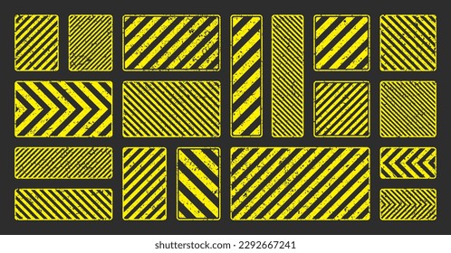 Various yellow grunge warning signs with diagonal lines. Old attention, danger or caution sign, construction site signage. Realistic notice signboard, warning banner, road shield. Vector illustration