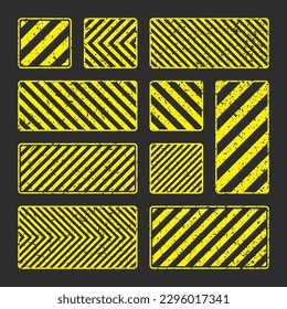 Various yellow grunge warning signs with diagonal lines. Old attention, danger or caution sign, construction site signage. Realistic notice signboard, warning banner, road shield. Vector illustration