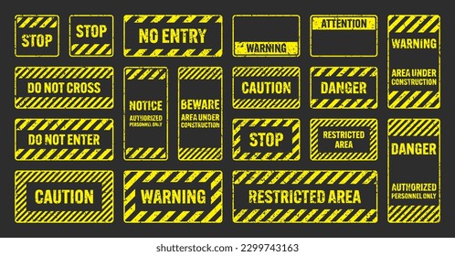 Various yellow grunge warning signs with diagonal lines. Old attention, danger or caution sign, construction site signage. Realistic notice signboard, warning banner, road shield. Vector illustration