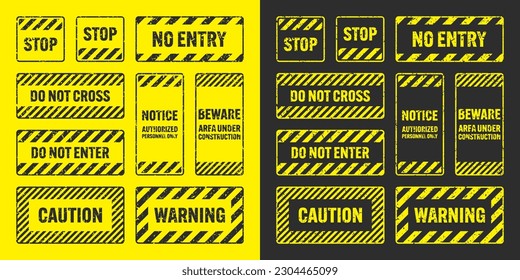 Various yellow grunge warning signs with diagonal lines. Old attention, danger or caution sign, construction site signage. Realistic notice signboard, warning banner, road shield. Vector illustration