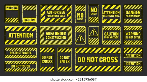 Various yellow grunge warning signs with diagonal lines. Old attention, danger or caution sign, construction site signage. Realistic notice signboard, warning banner, road shield. Vector illustration