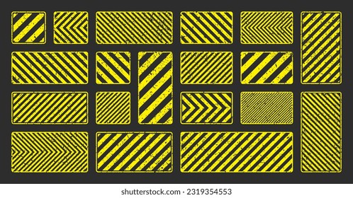 Various yellow grunge warning signs with diagonal lines. Old attention, danger or caution sign, construction site signage. Realistic notice signboard, warning banner, road shield. Vector illustration