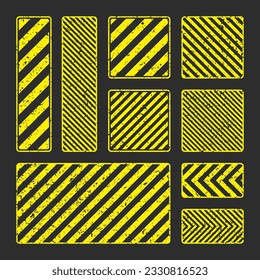 Various yellow grunge warning signs with diagonal lines. Old attention, danger or caution sign, construction site signage. Realistic notice signboard, warning banner, road shield. Vector illustration