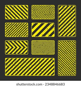 Various yellow grunge warning signs with diagonal lines. Old attention, danger or caution sign, construction site signage. Realistic notice signboard, warning banner, road shield. Vector illustration