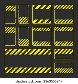 Various yellow grunge warning signs with diagonal lines. Old attention, danger or caution sign, construction site signage. Realistic notice signboard, warning banner, road shield. Vector illustration