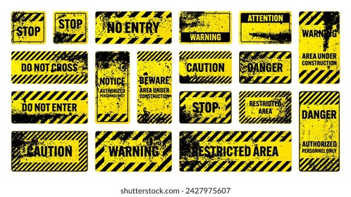 Various yellow grunge warning signs with diagonal lines. Old attention, danger or caution sign, construction site signage. Realistic notice signboard, warning banner, road shield. Vector illustration