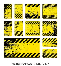 Various yellow grunge warning signs with diagonal lines. Old attention, danger or caution sign, construction site signage. Realistic notice signboard, warning banner, road shield. Vector illustration