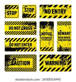 Various yellow grunge warning signs with diagonal lines. Old attention, danger or caution sign, construction site signage. Realistic notice signboard, warning banner, road shield. Vector illustration