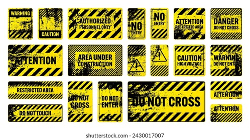 Various yellow grunge warning signs with diagonal lines. Old attention, danger or caution sign, construction site signage. Realistic notice signboard, warning banner, road shield. Vector illustration