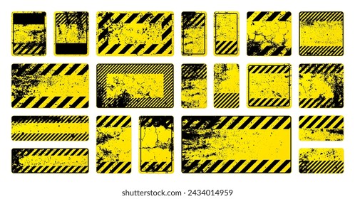 Varios signos de advertencia de grunge amarillo con líneas diagonales. Señalización de atención antigua, peligro o precaución, señalización de obra. Cartel de aviso realista, banner de advertencia, escudo de carretera. Ilustración de vector