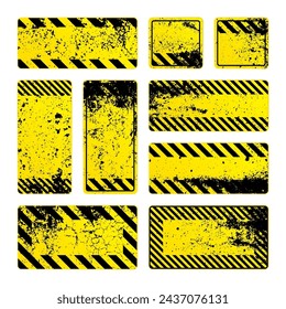 Various yellow grunge warning signs with diagonal lines. Old attention, danger or caution sign, construction site signage. Realistic notice signboard, warning banner, road shield. Vector illustration