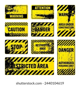 Various yellow grunge warning signs with diagonal lines. Old attention, danger or caution sign, construction site signage. Realistic notice signboard, warning banner, road shield. Vector illustration