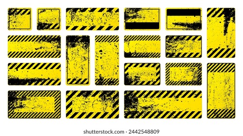 Various yellow grunge warning signs with diagonal lines. Old attention, danger or caution sign, construction site signage. Realistic notice signboard, warning banner, road shield. Vector illustration