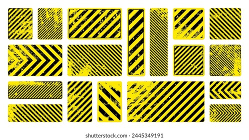 Various yellow grunge warning signs with diagonal lines. Old attention, danger or caution sign, construction site signage. Realistic notice signboard, warning banner, road shield. Vector illustration