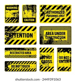 Various yellow grunge warning signs with diagonal lines. Old attention, danger or caution sign, construction site signage. Realistic notice signboard, warning banner, road shield. Vector illustration