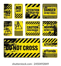 Various yellow grunge warning signs with diagonal lines. Old attention, danger or caution sign, construction site signage. Realistic notice signboard, warning banner, road shield. Vector illustration