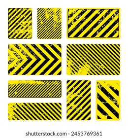 Various yellow grunge warning signs with diagonal lines. Old attention, danger or caution sign, construction site signage. Realistic notice signboard, warning banner, road shield. Vector illustration